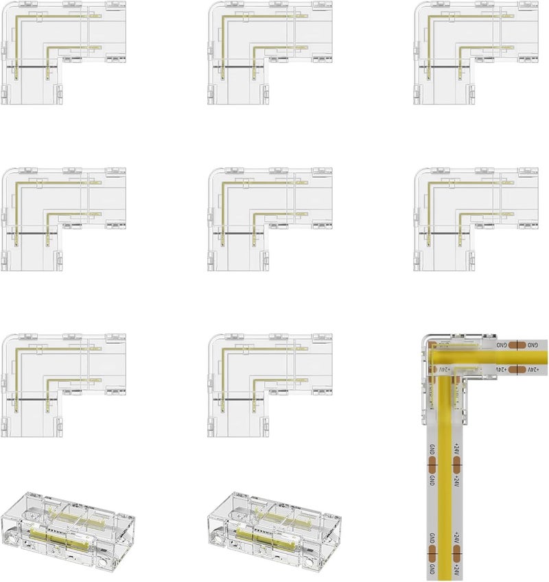 PAUTIX 8mm 2-Pin COB Connector 8pcs L-Shaped/Corner Connectors,Reusable Solderless Adapter Terminal Extension Connection,2pcs Gapless Strip to Strip Connectors for COB LED Strip Lights,SMD LED Strips - Image 1